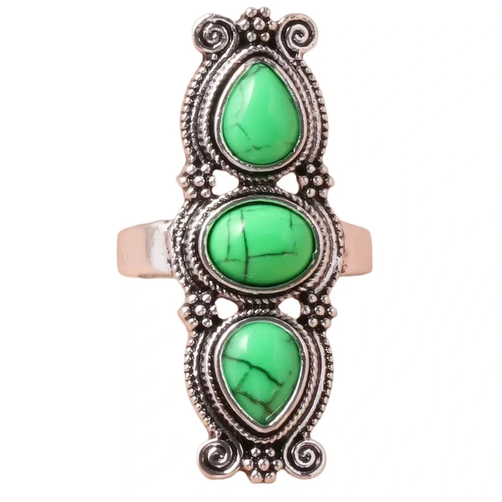 Long Style Silver and Triple Green Resin Stone Ring